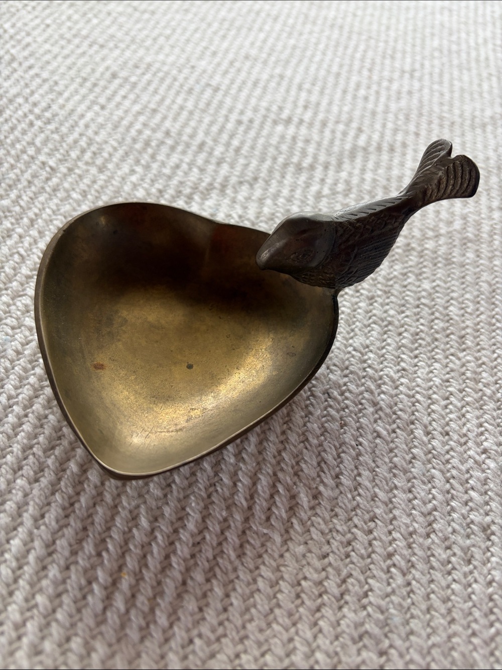 Vintage Heart-Shaped Brass Trinket Dish with Bird Accent Nice Patina India